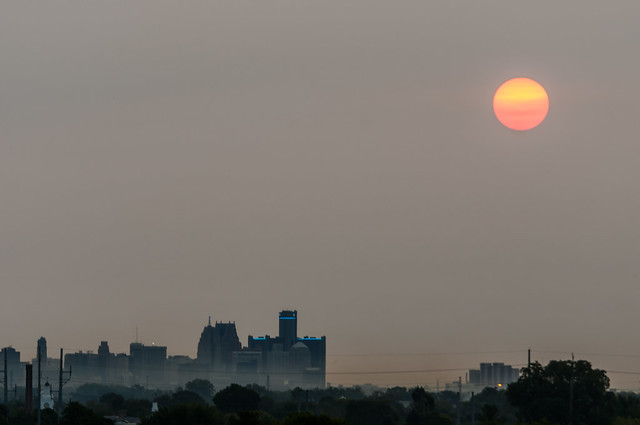 Hazy Detroit Skyline at Sunrise