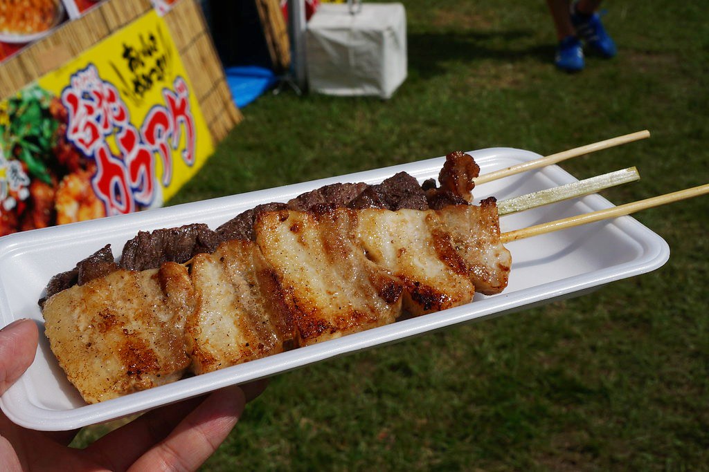 Grilled beef tongue and pork at a festival outside Kumamoto Castle