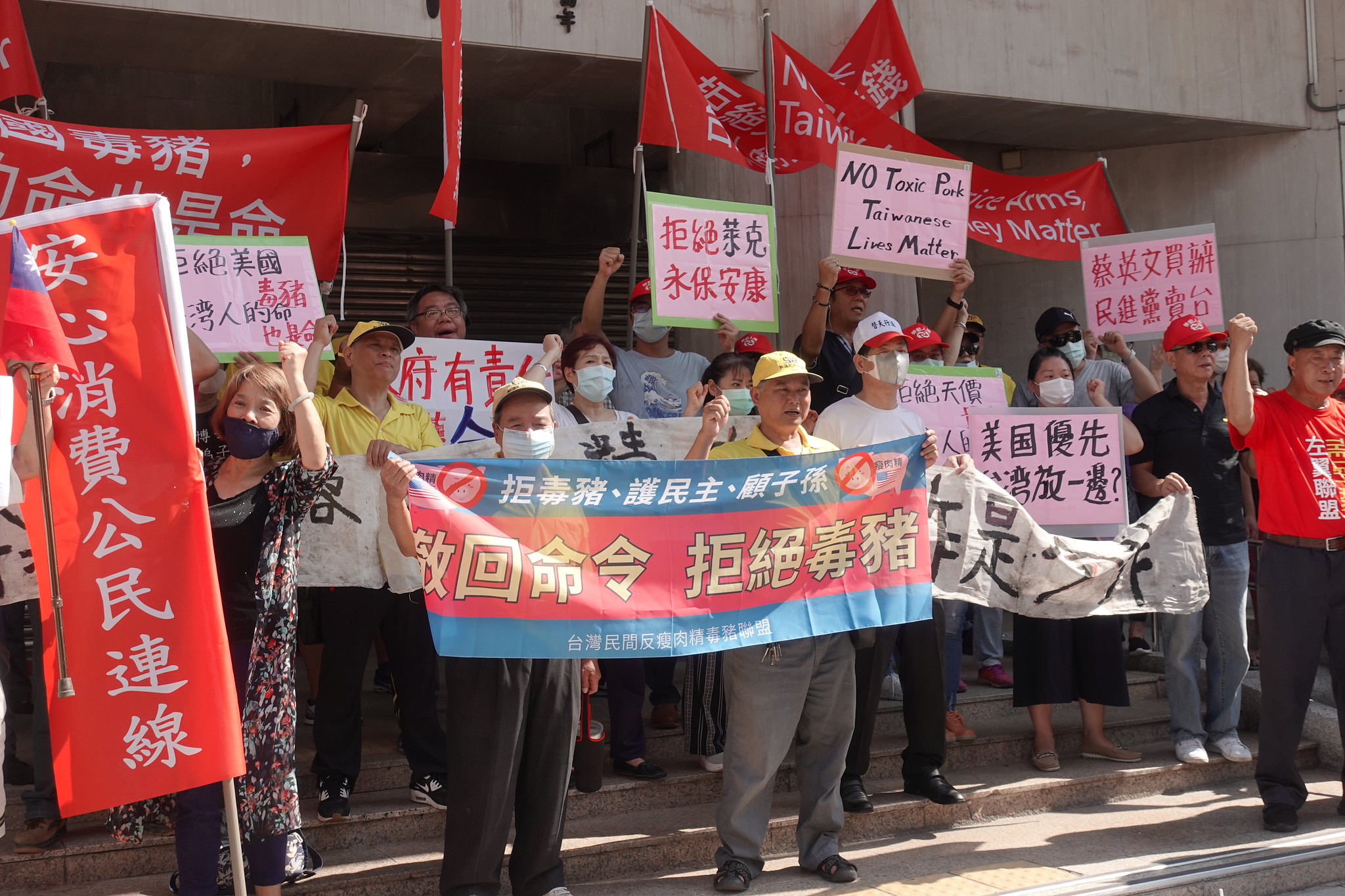 台灣民間反瘦肉精毒豬聯盟在立院外抗議，反對進口瘦肉精美豬。（攝影：張智琦）