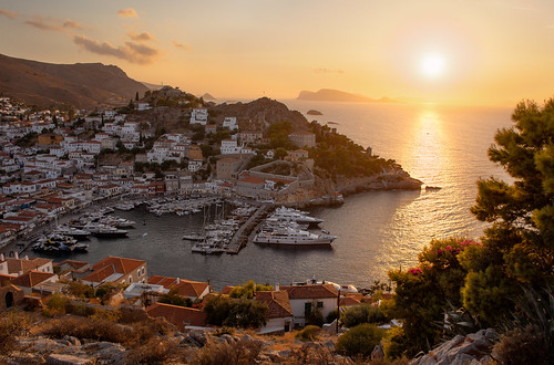hydra idra saronic island greece europe sunset sea mediterranean greek boat yacht harbour port travel tourism ngc