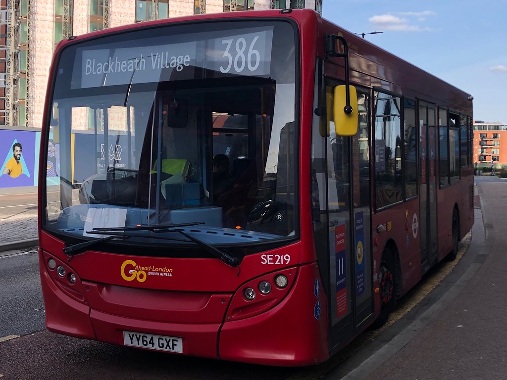 Ex-Docklands bus now working a wildly indirect but pretty good route that allows for thrashing and two big estate detours. | Go-Ahead London ADL Enviro 200 on the 386 to Blackheath Village.