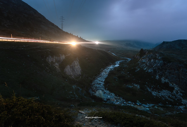 Lights trails at Bernina pass