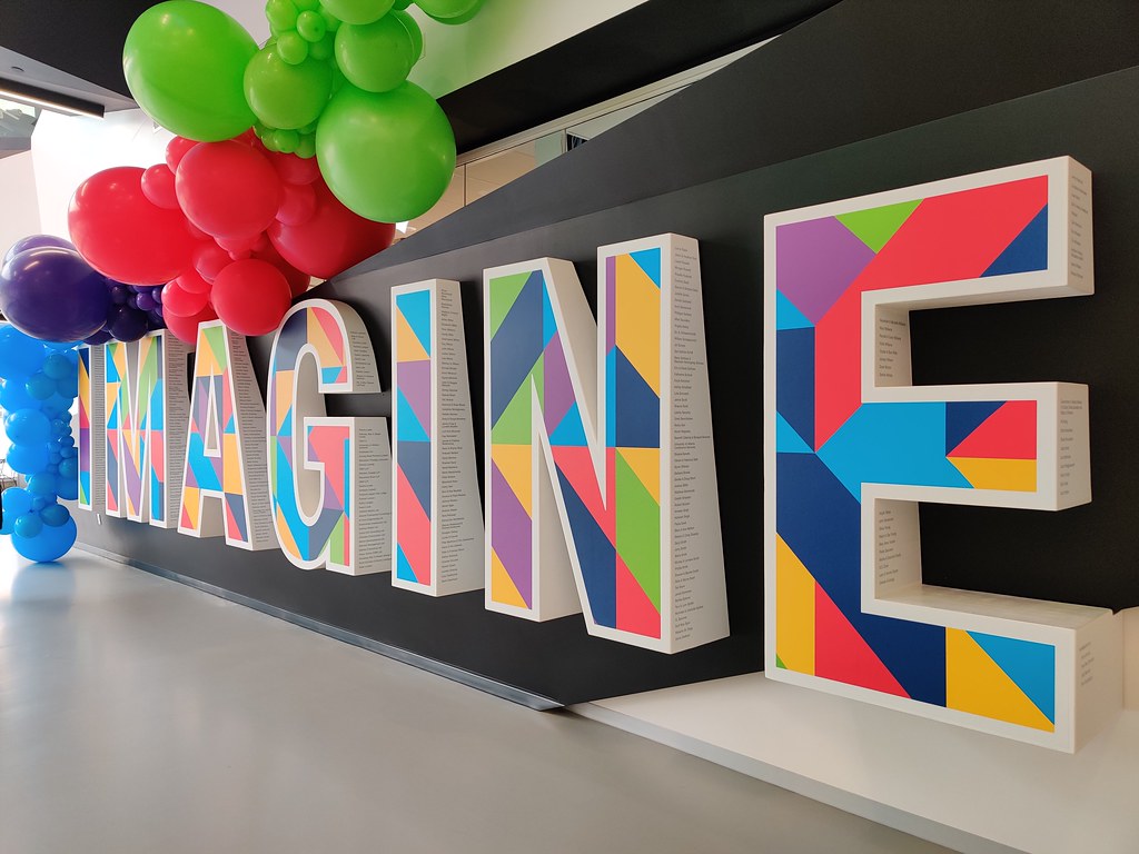 The big, colourful IMAGINE sign at the Stanley A. Milner library