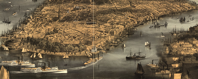 Welcome to Lower Manhattan, 1856 style! Before photography, cities would hire artists to draw to-scale representations. This is a crop of a much larger image. On the bottom, it states 