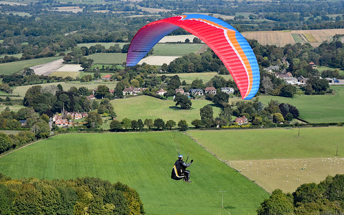 paragliding paraglider harting down national trust south downs park way view fields green trees landscape scenery west sussex english