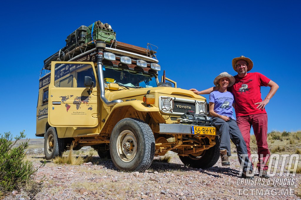 Author Karin-Marijke and Photographer Coen posing next to their Land Cruiser BJ45.