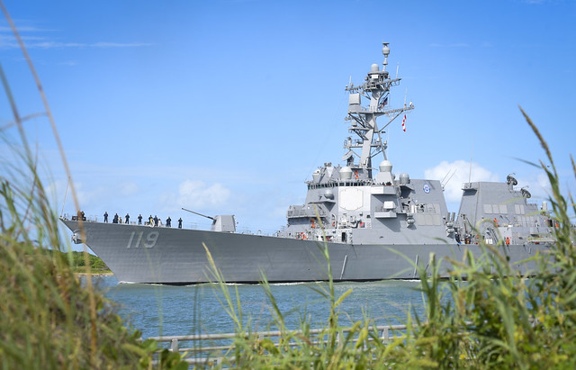 The Navy’s newest guided-missile destroyer, the future USS Delbert D. Black (DDG 119), arrives at Port Canaveral, Fla.