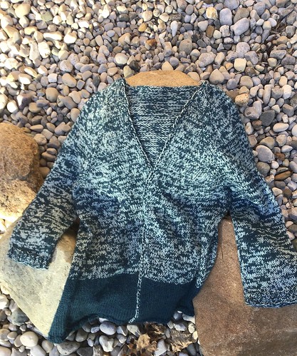 Patti (@patnelann) has had trouble with sizing and frogged several cardigans but finished this Sand and Ocean by Twin Stitches Designs.