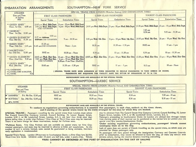 Trans-Atlantic Ocean Liner schedule + boat trains : Cunard - October 1953