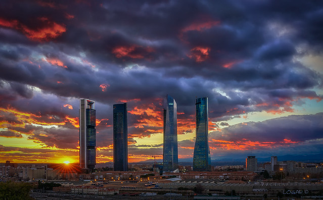 4 Towers X.  Firey sunset.