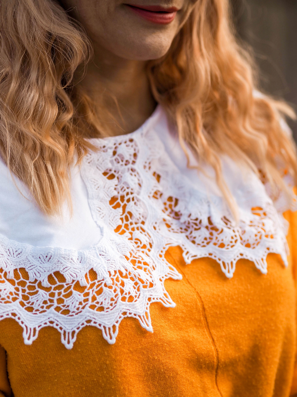 Asking the "Is This Outfit Really 'Me'?" Question: Oversized white lace collar, tangerine orange sweater, brown check balloon trousers, orange strappy mules | Not Dressed As Lamb, fashion for over 40s