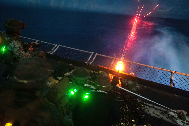 USS Germantown (LSD 42) conducts a live-fire exercise.