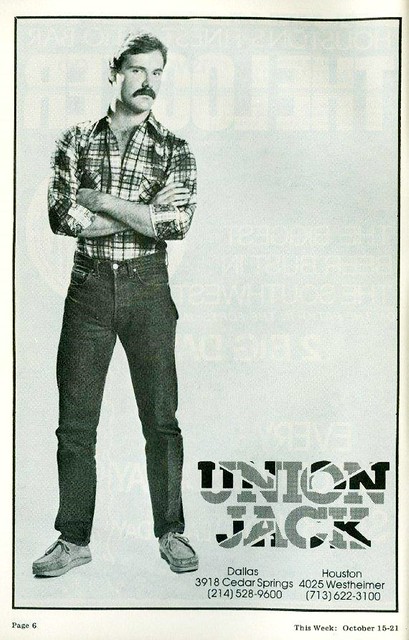 Advertisement for the Union Jack men’s clothing store. From the gay publication “This Week In Texas,” Oct 15 -21, 1977.