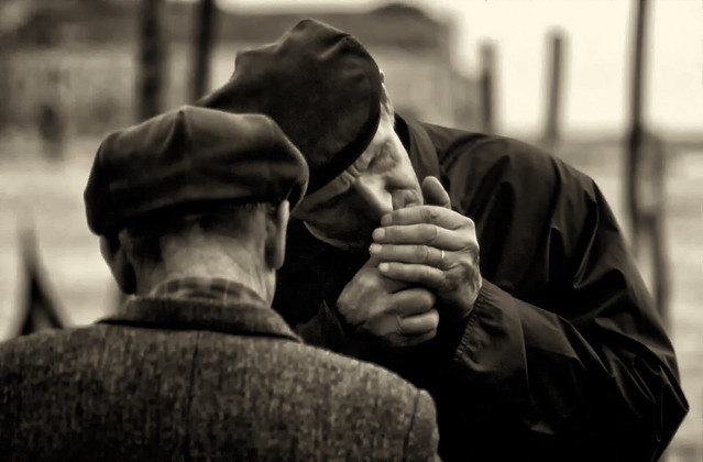 early morning: two men, San Marco, Venice 1976, Italy