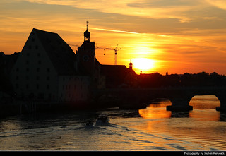 Sunset seen from Eiserne Brücke, Regensburg, Germany