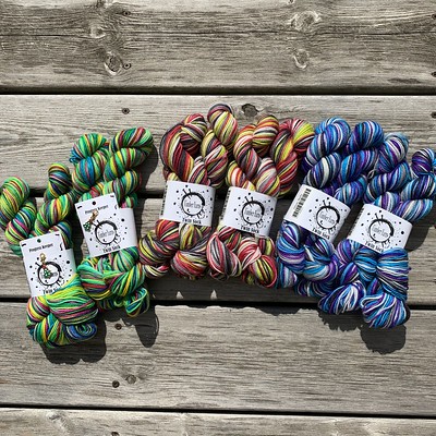 Most but not all of the Timber Yarns Twin Socks in stock! Two single skeins of hand dyed striped sock yarn!