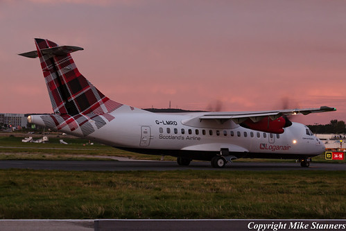 G-LMRD ABZ 28.9.20 by Mike stanners, loganair ATR-42-500 Taxiing to runway 16 at sunriseaberdeen scotland unitedkingdom