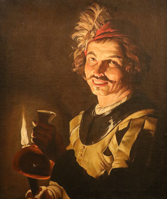 Matthias Stomer (1600 - dopo 1650) -  uomo con candela accesa e caraffa di vino (1640-50) - Accademia Carrara - Bergamo