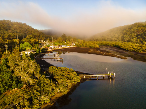 woywoy houses landscape bay nature mist water fog coastal hills misty newsouthwales trees earlymorning morning brisbanewater drone scenery aerial wharves australia scenic nsw outdoors waterscape correabay centralcoast horsfieldbay mountain
