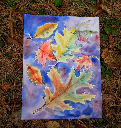 sandranestle leaves autumn pines watercolorart art originalpainting