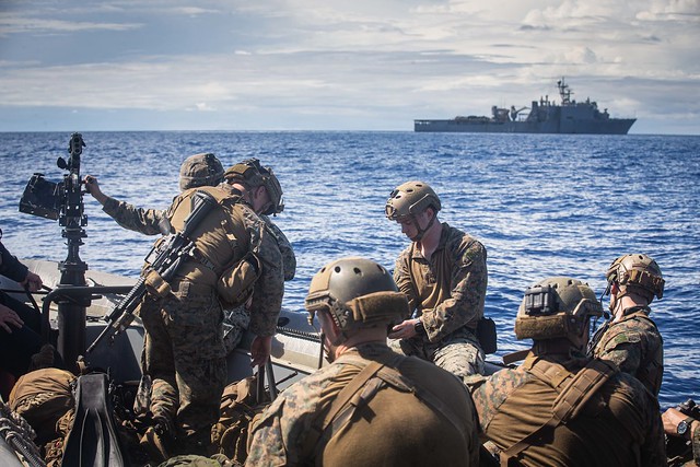 Reconnaissance Marines prepare for a reconnaissance and surveillance mission after departing USS Germantown (LSD 42).
