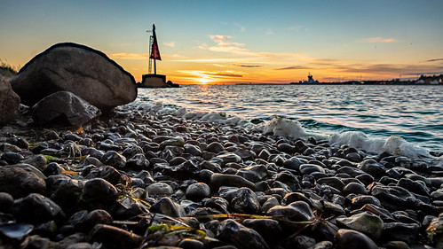 Morning sun at Randers Fjord by FotoNing, DSC08927-HDR-LRFL1sun water river stone sunrise waves horizon wet beacon light morning