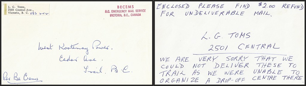 British Columbia / B.C. Postal History - 27 October 1975 - BECEMS / B.C. EMERGENCY MAIL SERVICE / VICTORIA, B.C. CANADA (rubber stamp cachet) to Trail, B.C.