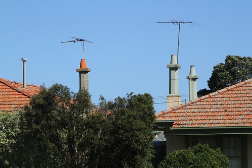 Distinctive chimneys atop the heritage listed concrete houses on Leith Avenue, Sunshine