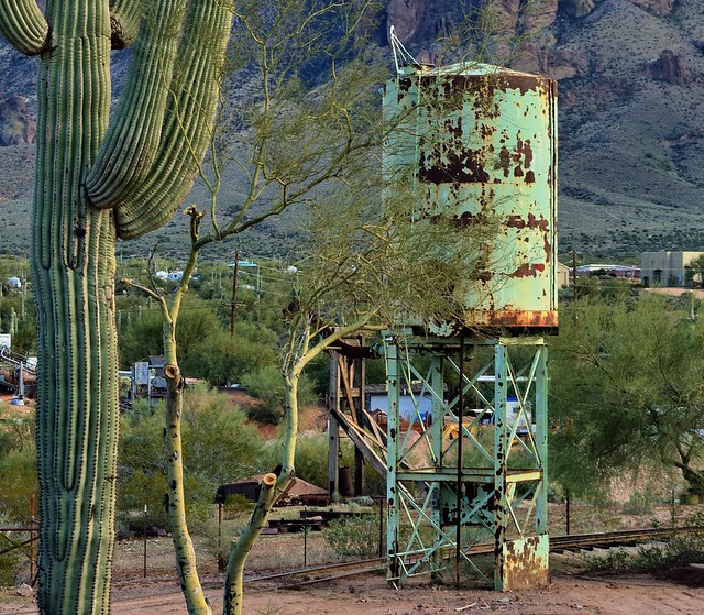 Narrow-gauge mining railway water tower, Goldfield Ghost Town, Youngberg, Arizona..
