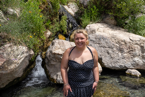 pool natural smile swim cute blonde idaho mountains area soaking steamy salmonchallisnationalforest hotwater polkadot female plussize summer girl goldbughotsprings forest remote swimsuit relaxing refreshing hike happy thickwoman blackandwhite thermal valley