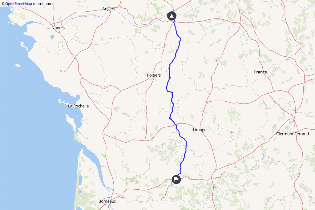 Carte indiquant un trajet Tours - Périgueux