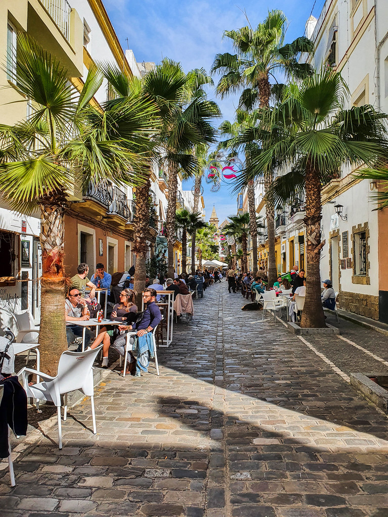 A colorful street from La Vina, filled with terraces where people are having drinks and tapas. The bottom part of the buildings is colored in yellow and the windows have colorful frames. Each building has a tall green palm tree in front.