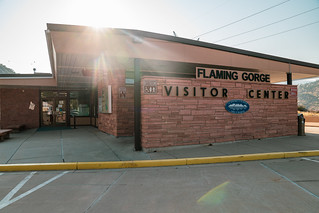 Utah, USA - September 21, 2020: Exterior of the Flaming Gorge Visitor Center building in the morning, with sunflare