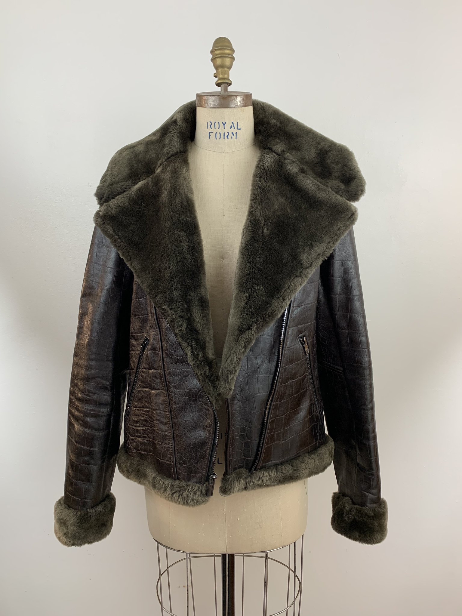 Crocodile Embossed Leather and Shearling Jacket