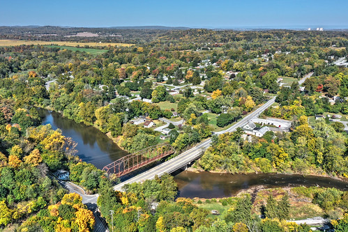 manchester pa pennsylvania aerial view drone fall autumn bridge train conewago creek
