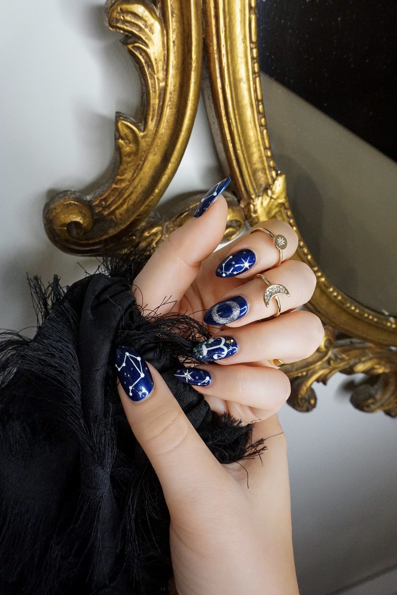 Libra Nails | Zodiac Manicure | Astrological Sign Mani | Navy Sparkle Star Nails | Witchy Halloween Nails | Nail Art | Star Nail Designs | Almond Shape Nails | Fall Nails | Spooky Nails 