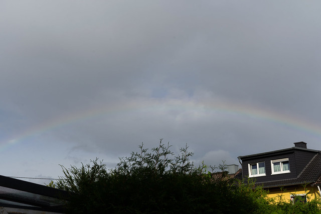 Ein Regenbogen spannt sich am Himmel über einem Haus und einer Hecke