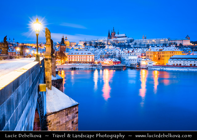Czech Republic - Prague - Praha -  Charles bridges at Winter Snowy Dawn - Blue Hour - Twilight