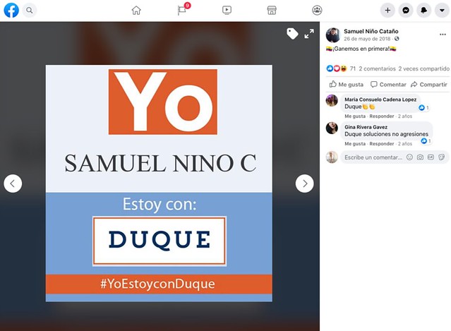 El piloto Samuel Niño Cataño invitó a sus contactos en Facebook a votar por Iván Duque y exhibió este afiche un día antes de la primera vuelta presidencial de 2018.