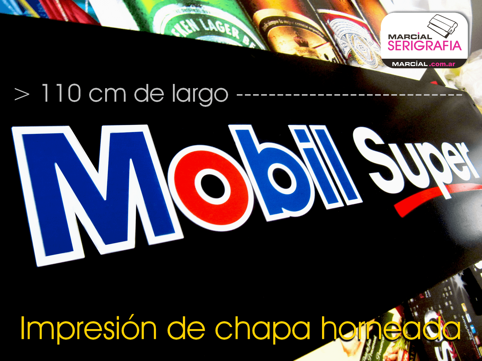 Screen printing on enameled plate for the "Mobil Super" Lubricants brand, printed in 2 colors + sectorized white base that served as "support" for the red and blue colors in order to keep the colors bright. This is what is done when working with dark-based materials and you want the printed colors to respect a tone already preset by the factory. This printed work was done by Marcial Serigrafía.