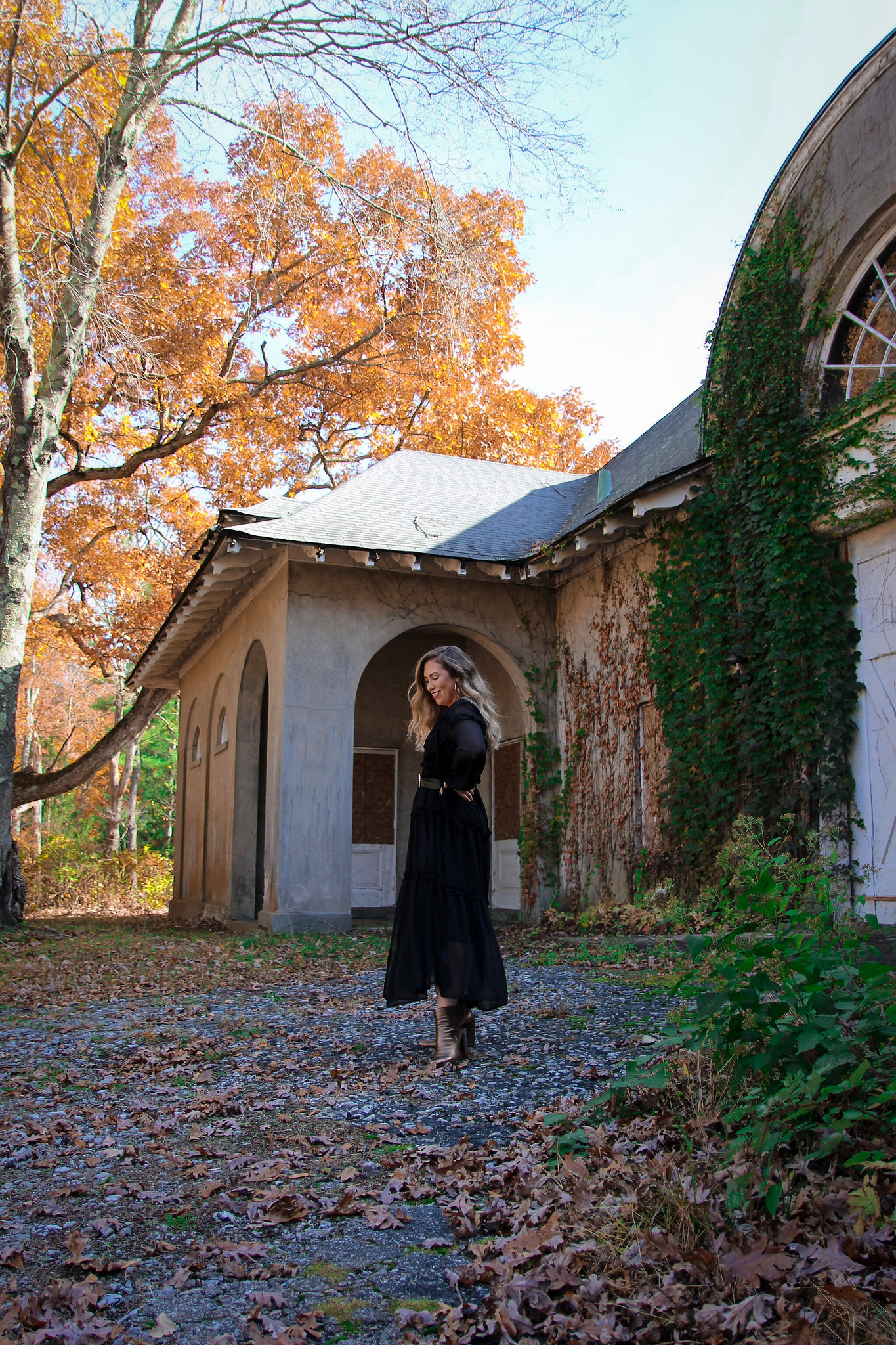 Long Black Sheer Dress Fall Photoshoot in New York | Fall Foliage | Westchester County NY Merestead
