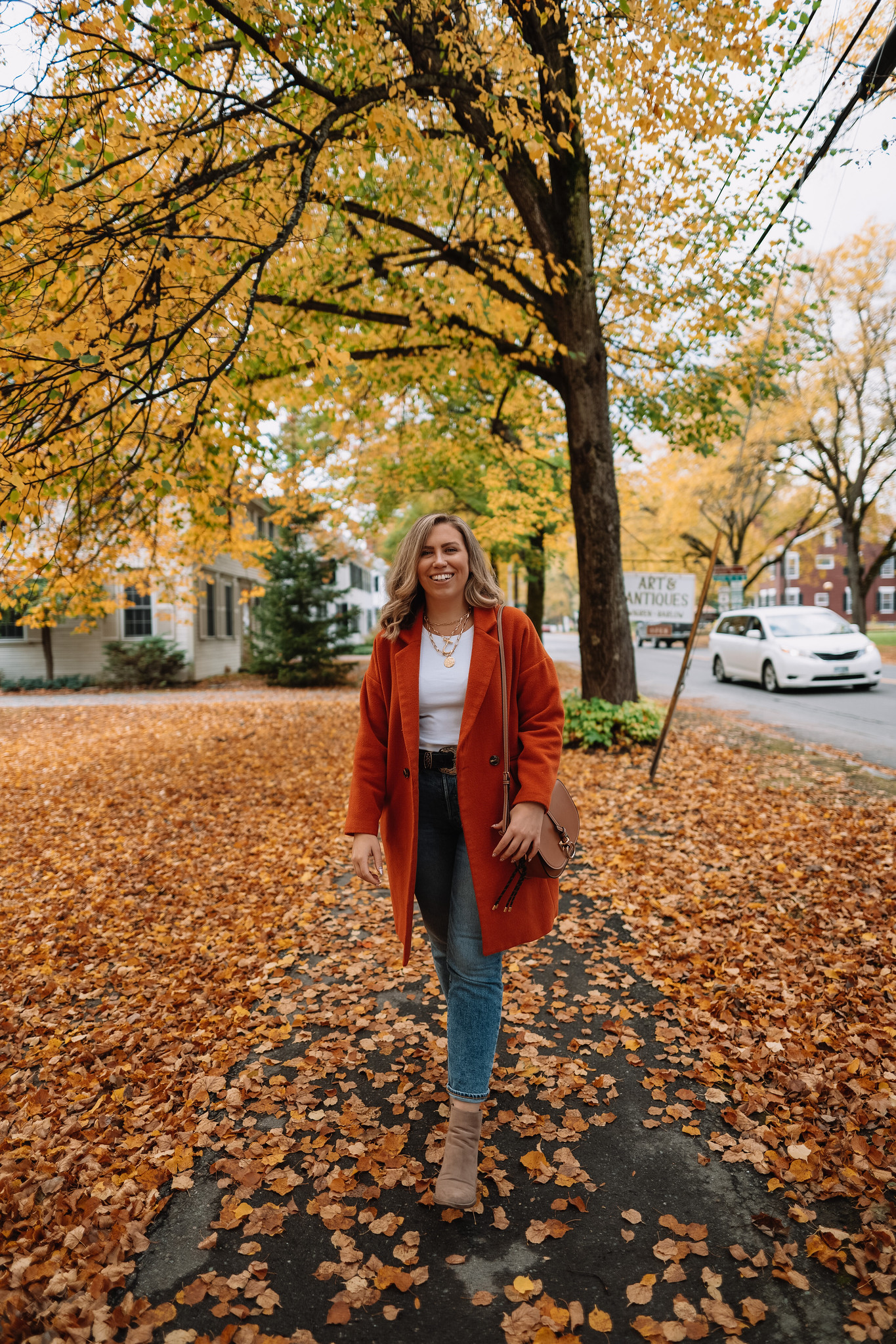 Casual Fall Outfit Inspiration with Orange Coat, Tan Booties and Straight Leg Jeans | Fall Foliage Outfit | What to Wear in Vermont in the Fall | Vermont Packing List for Fall | What to Wear in Vermont in October | What to Wear on a Fall Vacation | Fall Outfits