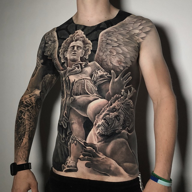 archangel  michael and demon full front torso tattoo realistic black and grey london artist