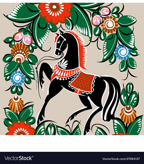 Folk russian lubok horse drawing floral background vector image on VectorStock