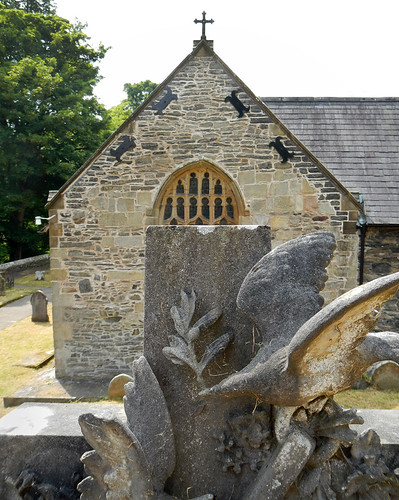 Tombstone in front of the hidden church in Llangollen, Wales