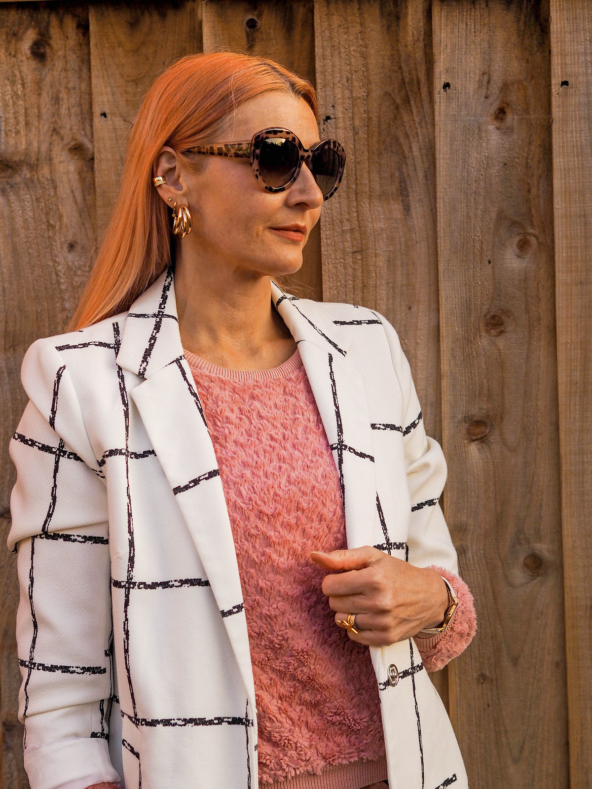 A Quick Guide to Mixing Patterns | Not Dressed As Lamb, Style Over 40 (outfit: black and white longline windowpane check jacket, pink and navy patterned wide leg trousers, pink fluffy sweater, white flatform trainers. oversized leopard sunglasses)