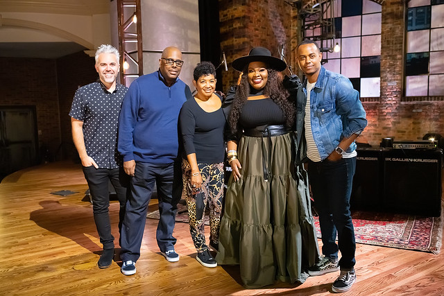 HENDERSONVILLE, TN - SEPTEMBER 16:  Tasha Cobbs Leonard w/2020 Dove Awards Production Team during the 2020 Dove Awards at TBN Studios on September 16, 2020 in Hendersonville, Tennessee.  (Photo by Don Claussen/Trap The Light Photography for Dove Awards)