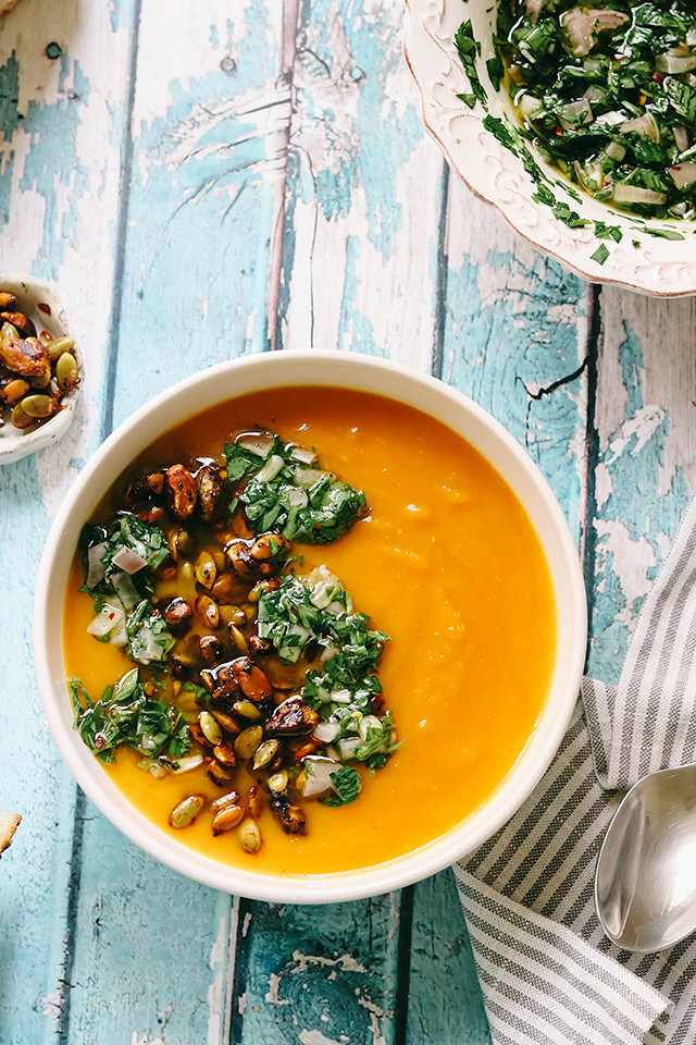 Butternut Squash and Saffron Soup with Caramelized Pistachios and Herb Oil