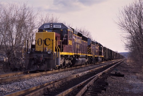 Ohio sunset by Stan Ujka, Ohio Central SD40-2 #5855 is on the point of a coal train at Coshocton, OH in February of 2002.ohioc