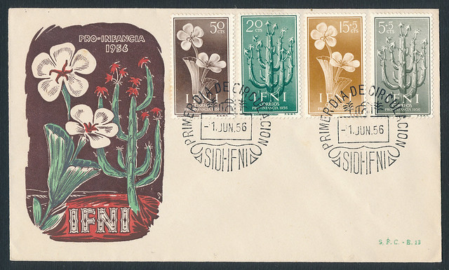 IFNI (1956, fdc, busta, 4 v, colonia della Spagna, Kleinia (Senecio) anteuphorbium e fiori, pro-infanzia)